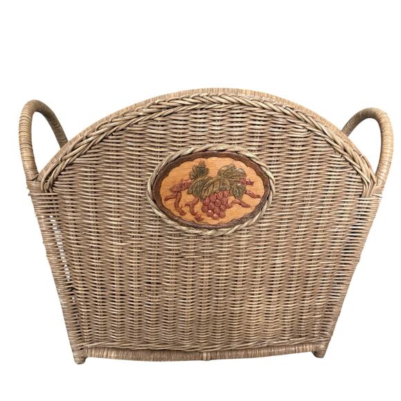 Vintage 80s French Country Wicker Basket Magazine Holder w/ Apple Accent - Picture 2 of 10